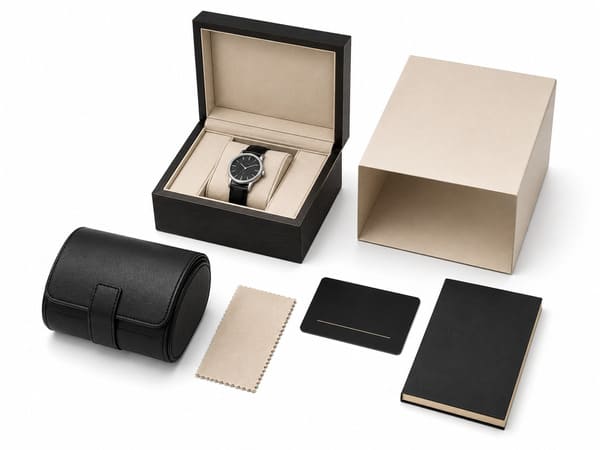 Full brand system watch packaging -- complete set with travel case and accessories