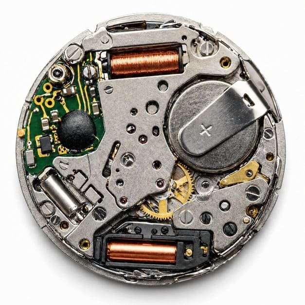 A close-up of a Japanese quartz watch movement