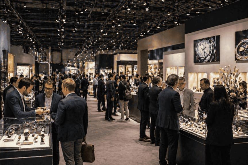 A busy watch exhibition hall with brand booths and people networking