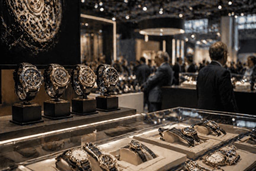 A close-up shot of a luxury Swiss watch with intricate details on display