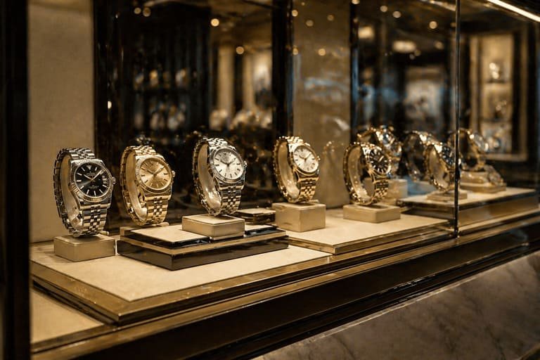 a collection of luxury watches displayed in a store window