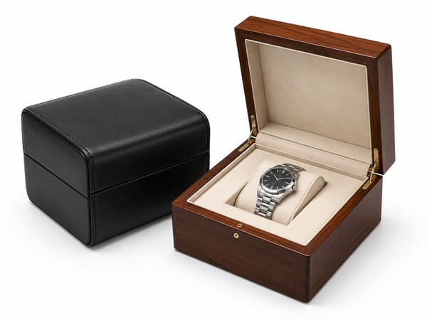 Premium retail watch packaging -- leather-wrapped box with embossed logo