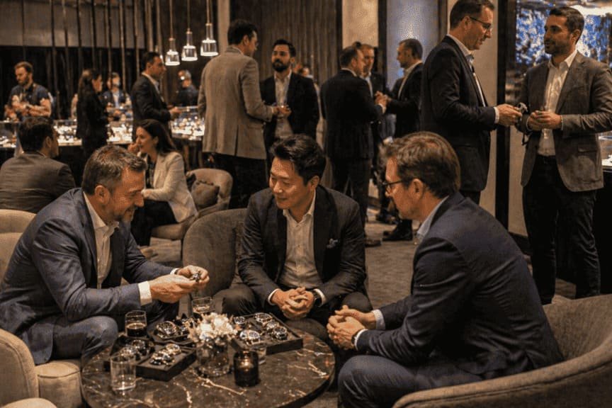 A stylish event space with people discussing watches in a relaxed setting