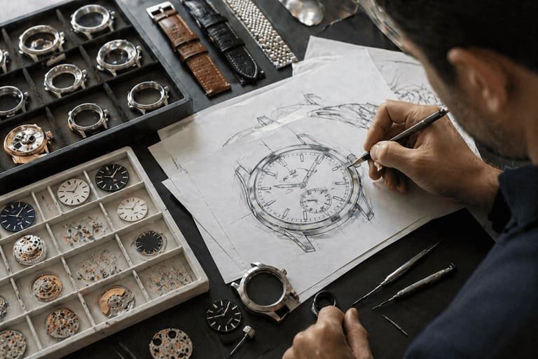 a designer sketching a watch next to watch components