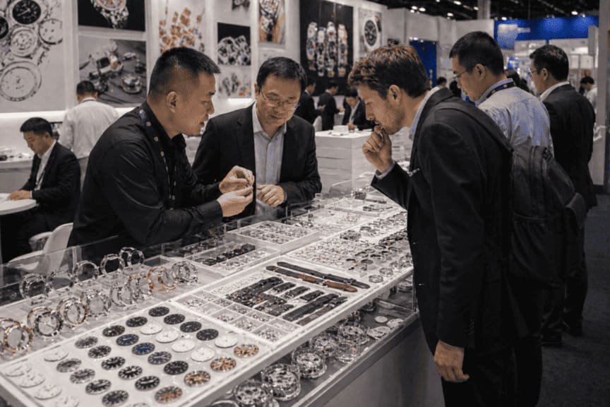 A display of watch components like cases and dials at a manufacturing fair