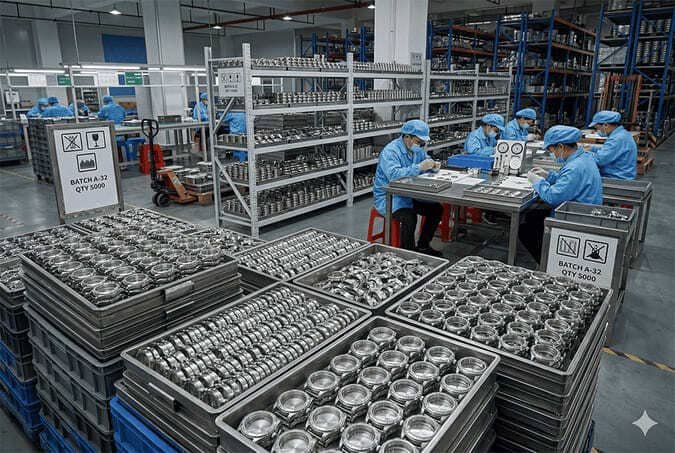 Stacks of watch cases in a factory setting