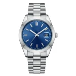 A silver stainless steel wristwatch featuring a blue dial, minimal hour markers, and a date display at 3 o'clock.