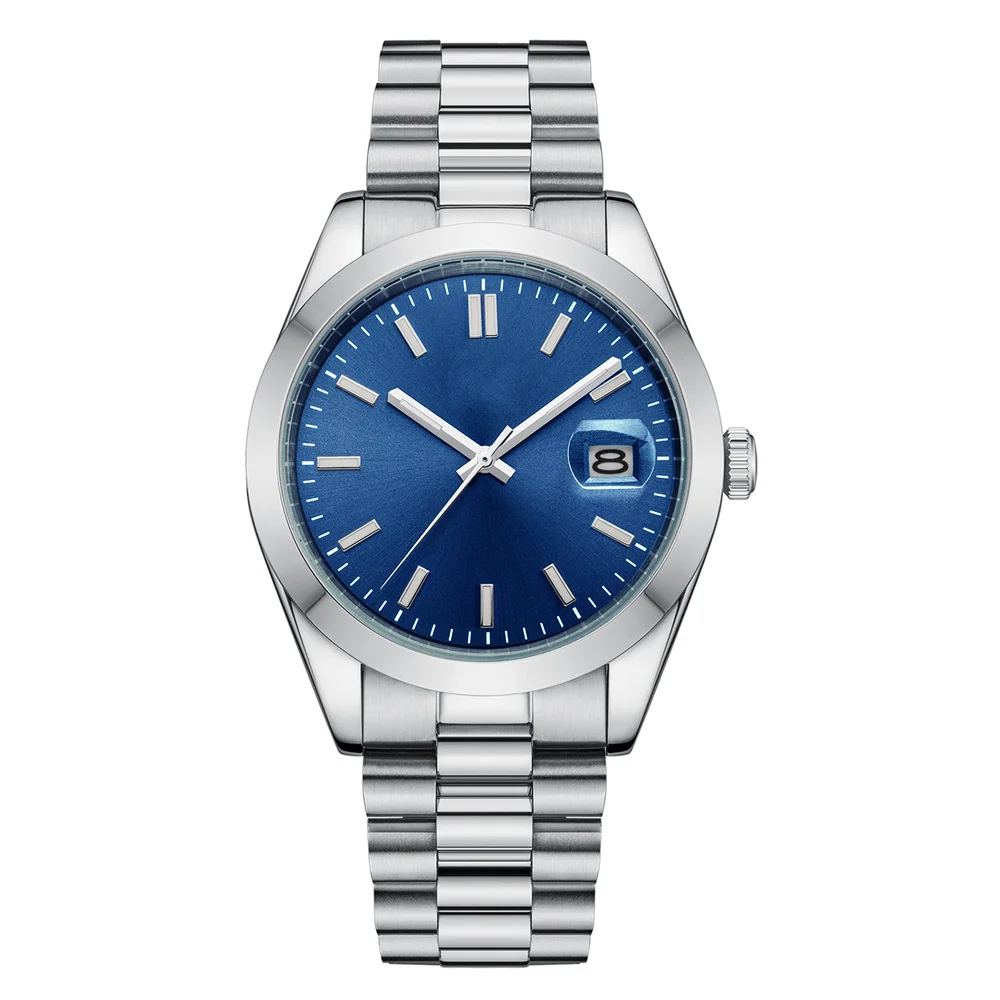 A silver stainless steel wristwatch featuring a blue dial, minimal hour markers, and a date display at 3 o'clock.