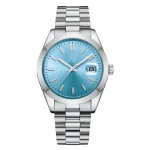Stylish wristwatch featuring a metallic blue dial, steel bracelet, and clear date display on a modern design.