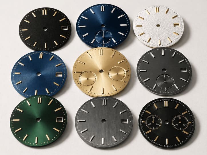 Watch dial customization options showing various dial designs, colors, and finishes