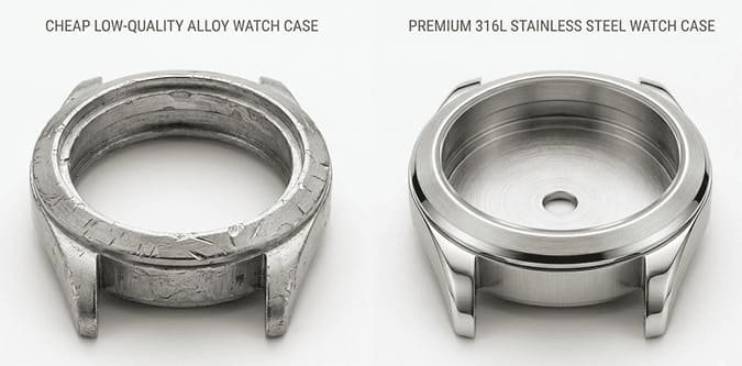 A split image showing a high-end watch workshop in Shenzhen and a busy market in Guangzhou