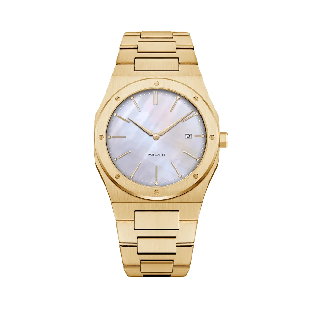 Elegant gold wristwatch with a mother-of-pearl dial, date display, and a gold bracelet design, suitable for formal occasions.