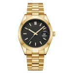 Elegant gold wristwatch featuring a black dial, minimalist hour markers, date display, and linked bracelet.