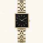 Stylish gold rectangular wristwatch with a black dial, simple hour markers, and a linked metal bracelet.