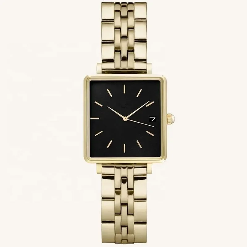 Stylish gold rectangular wristwatch with a black dial, simple hour markers, and a linked metal bracelet.