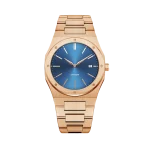 A gold luxury watch featuring a blue dial with minimalist markers and date display, paired with a sleek gold bracelet.
