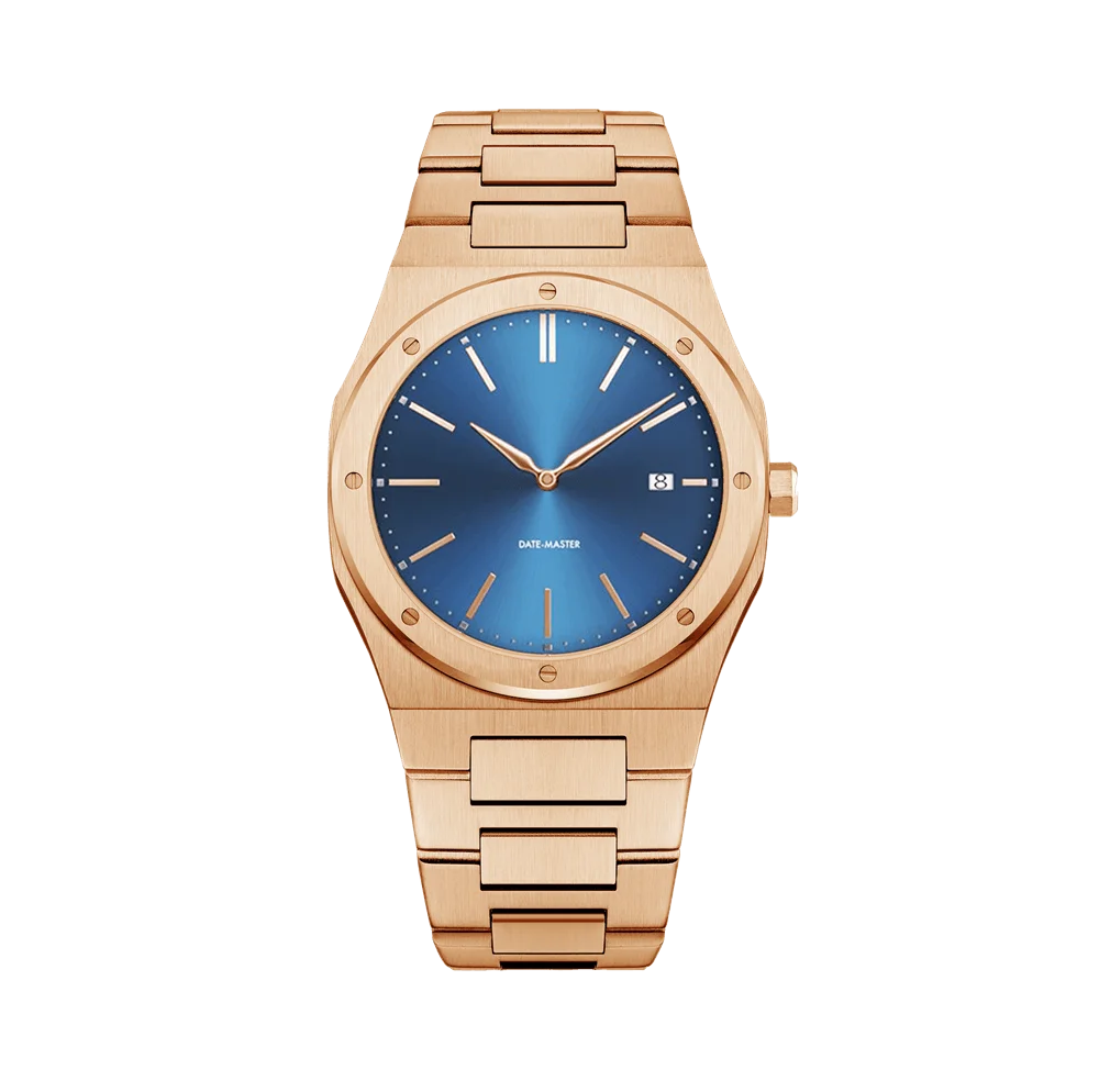 A gold luxury watch featuring a blue dial with minimalist markers and date display, paired with a sleek gold bracelet.