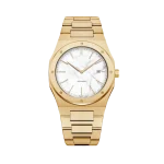 Elegant gold watch with a white marble dial and built-in date display, featuring a linked gold bracelet design.