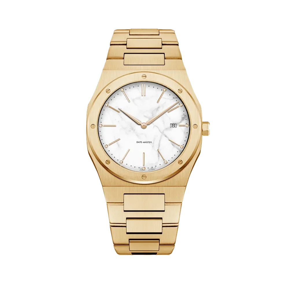 Elegant gold watch with a white marble dial and built-in date display, featuring a linked gold bracelet design.