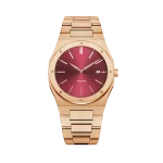 Luxury gold wristwatch with red dial, sleek design, and a date display, complemented by a gold link bracelet.