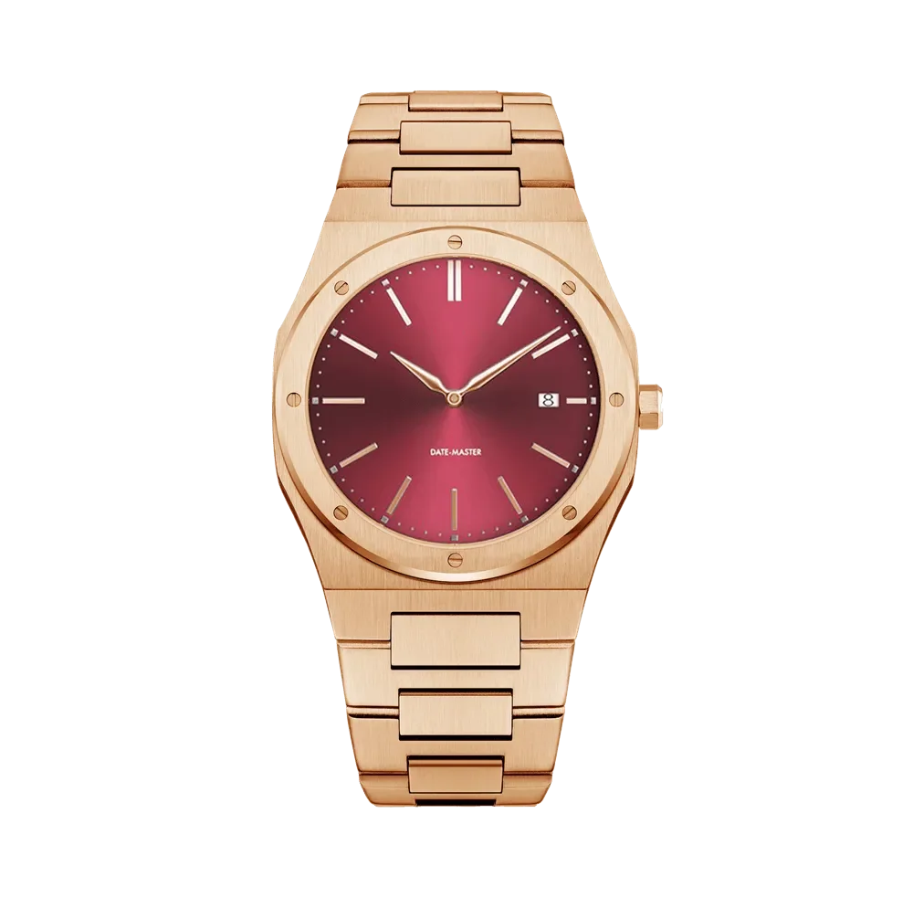 Luxury gold wristwatch with red dial, sleek design, and a date display, complemented by a gold link bracelet.