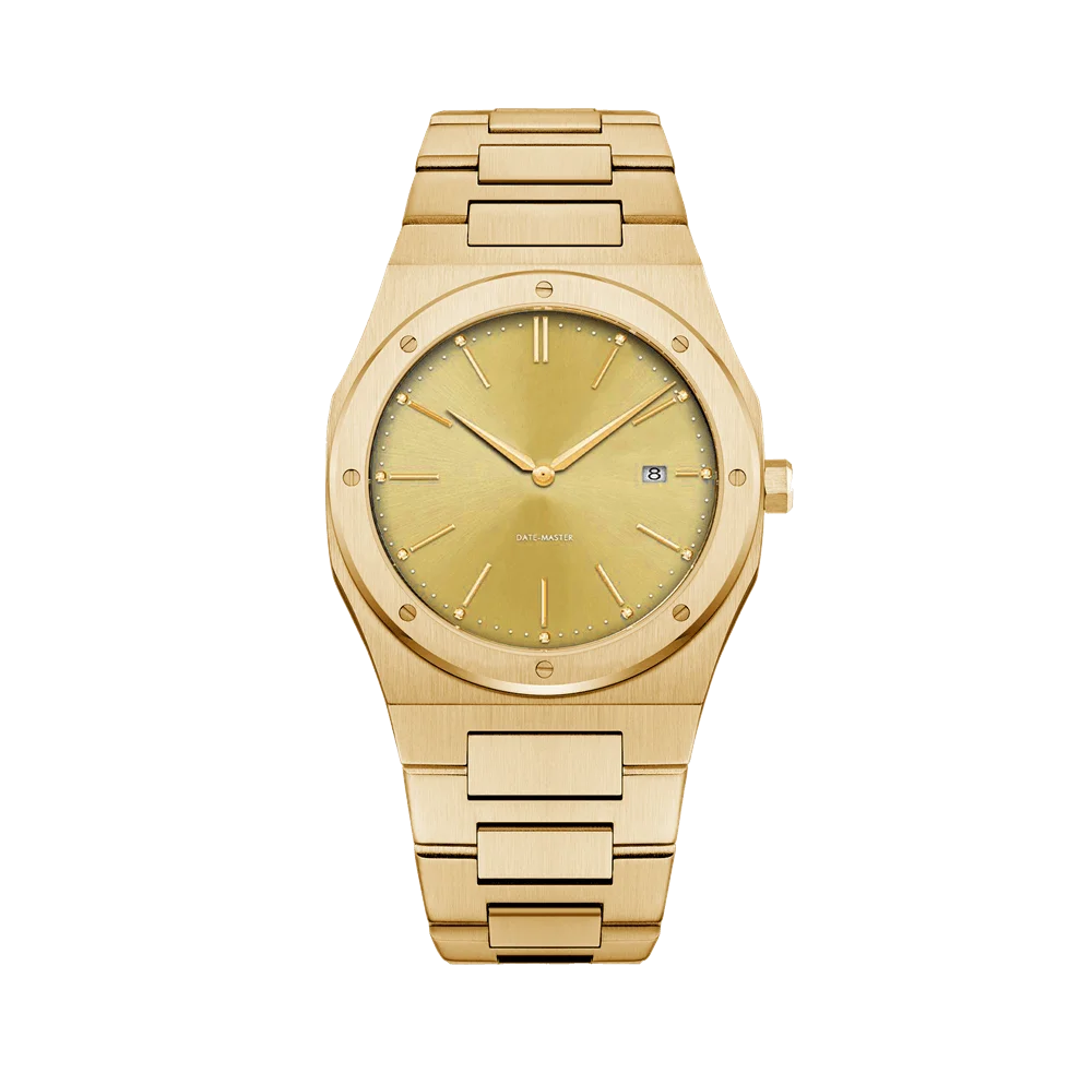Elegant gold-toned wristwatch featuring a sleek design, round dial, and integrated bracelet, with a visible date display.