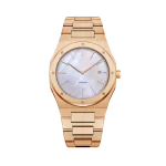 A luxury golden wristwatch with a white mother-of-pearl dial, minimalist hour markers, and a date display on a gold link bracelet.