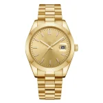 Gold wristwatch with a metallic strap, minimalist dial, and a date display at the 3 o'clock position.