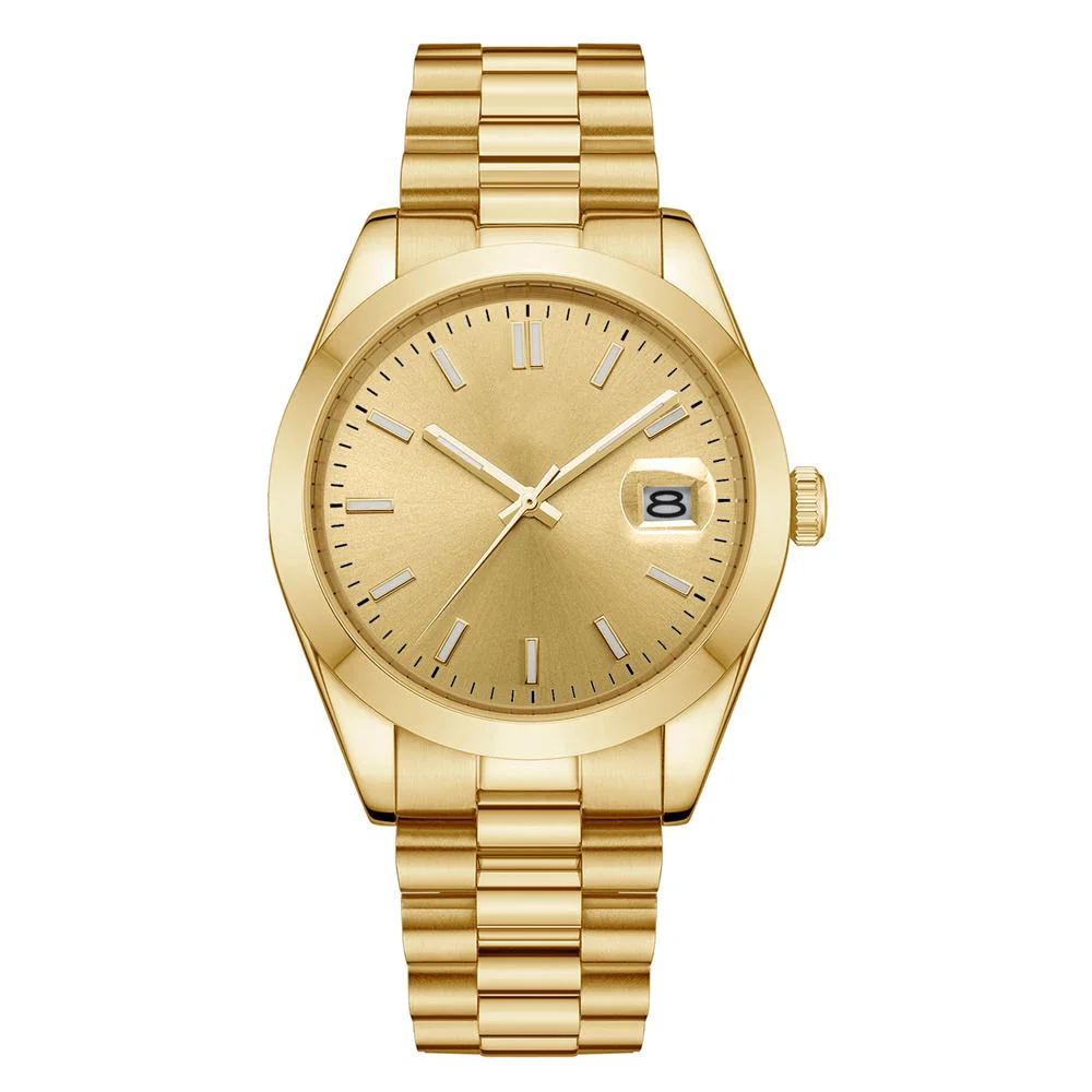 Gold wristwatch with a metallic strap, minimalist dial, and a date display at the 3 o'clock position.