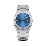 Luxury wristwatch featuring a blue dial, metallic bracelet, and date display set against a black background.