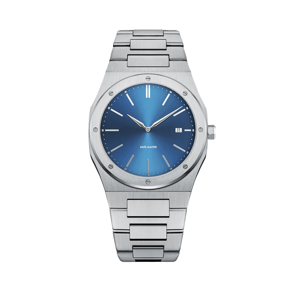 Luxury wristwatch featuring a blue dial, metallic bracelet, and date display set against a black background.