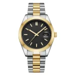 Luxury wristwatch featuring a sleek black dial, gold bezel, and a two-tone stainless steel and gold bracelet. The date display is prominently shown at 3 o'clock.