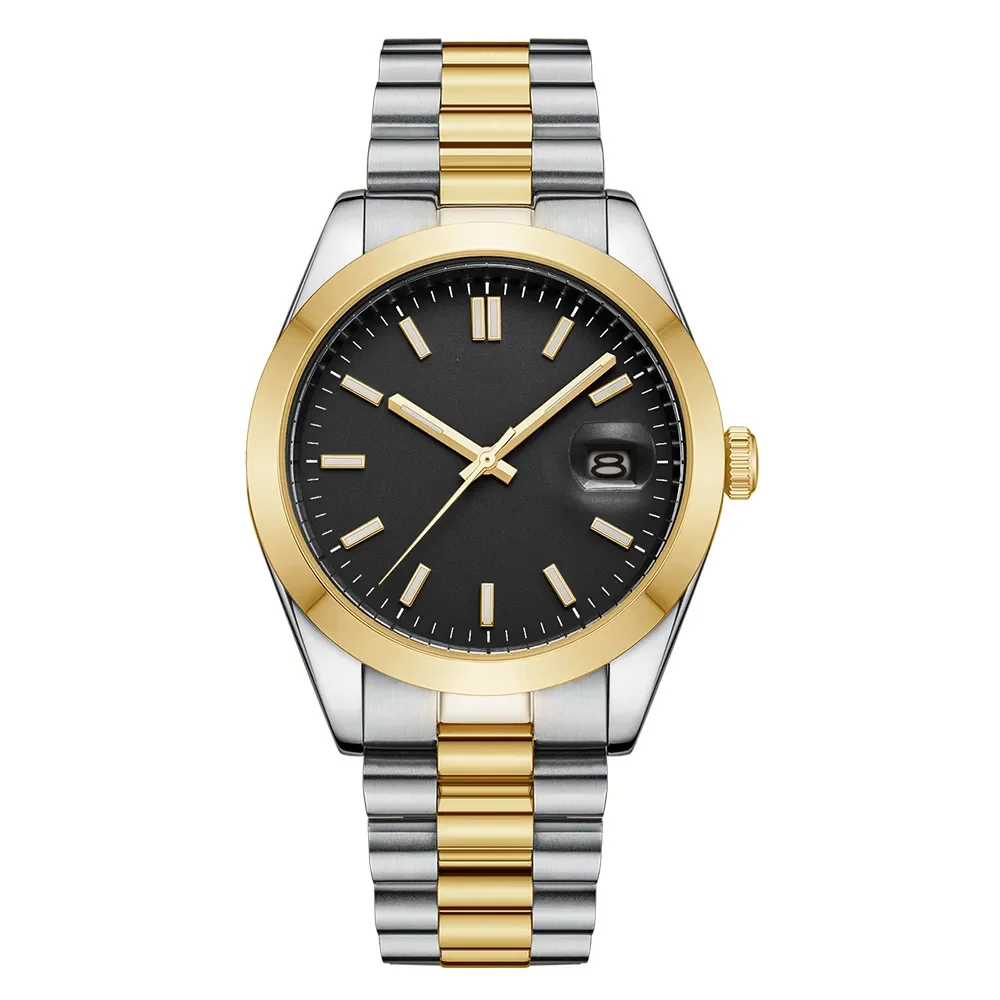 Luxury wristwatch featuring a sleek black dial, gold bezel, and a two-tone stainless steel and gold bracelet. The date display is prominently shown at 3 o'clock.