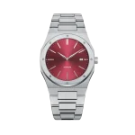 A luxury watch featuring a red dial, minimalist hour markers, and a stainless steel bracelet, shown against a black background.