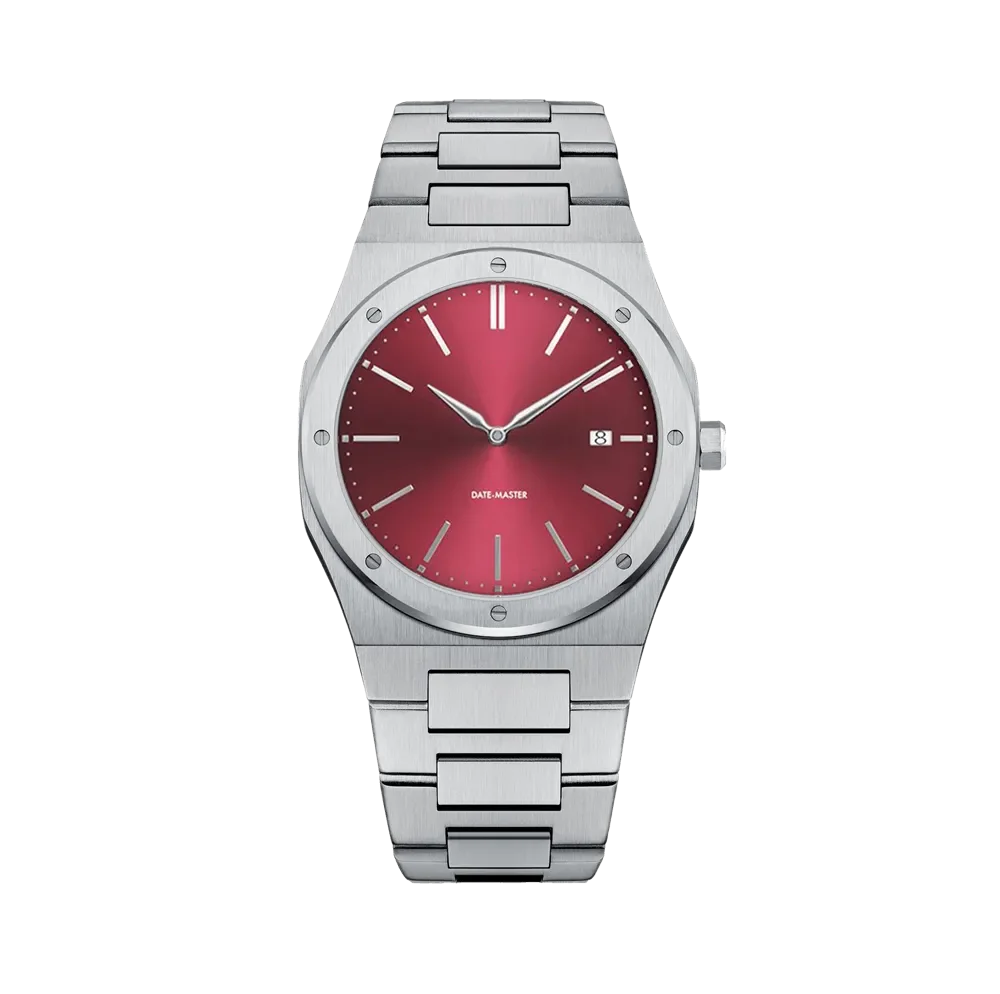 A luxury watch featuring a red dial, minimalist hour markers, and a stainless steel bracelet, shown against a black background.