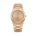 Elegant rose gold wristwatch with a minimalist dial and date display, featuring a matching metallic bracelet.