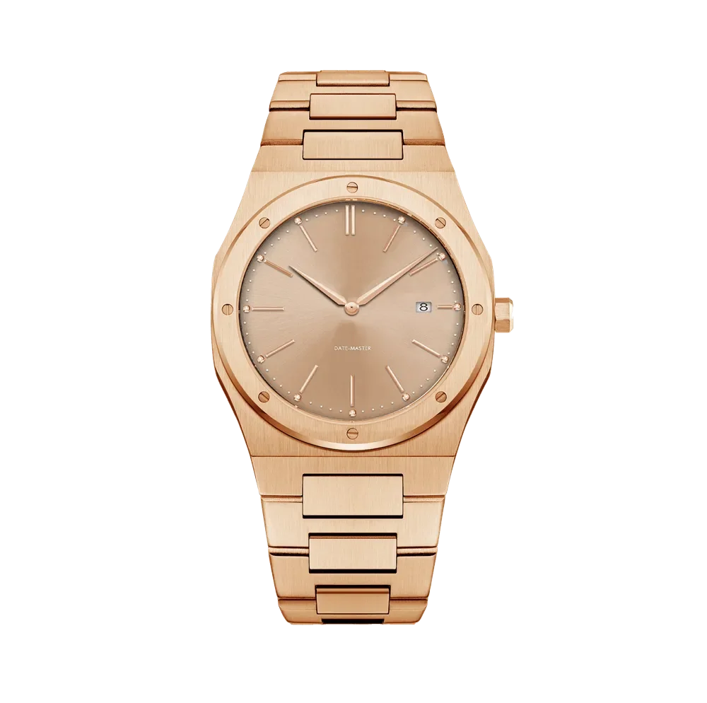 Elegant rose gold wristwatch with a minimalist dial and date display, featuring a matching metallic bracelet.