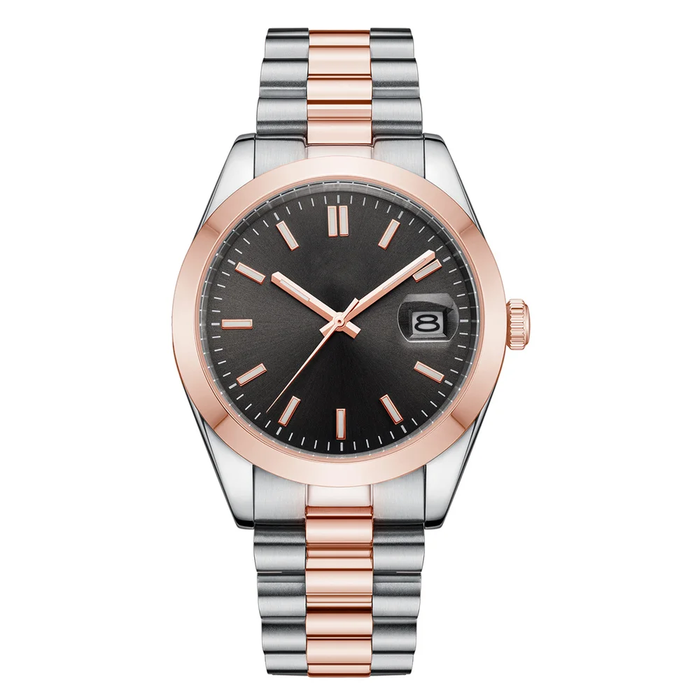 Close-up of a luxury wristwatch with silver and rose gold accents, featuring a black dial, date display, and a sleek metal bracelet.
