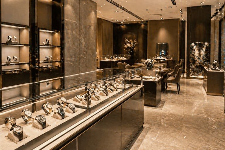 an elegant watch boutique with glass display cases