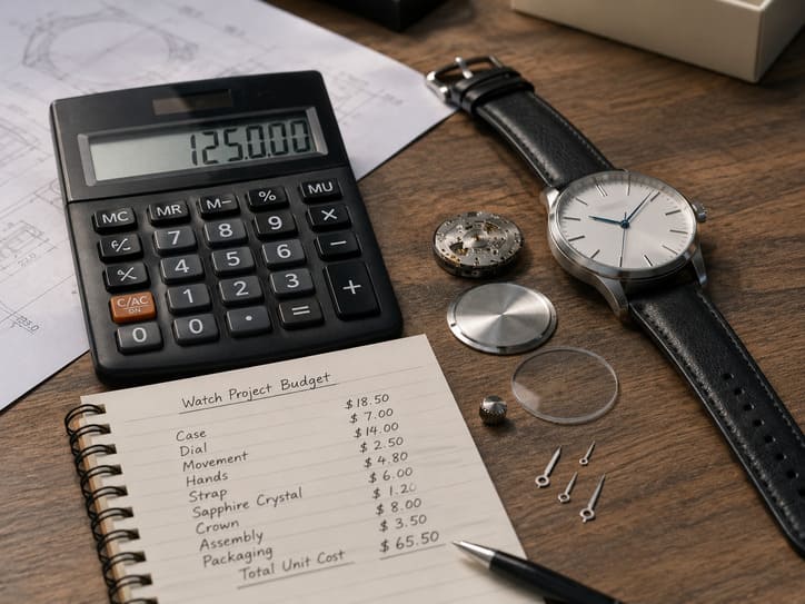 A calculator next to a single watch and some parts, symbolizing budgeting.
