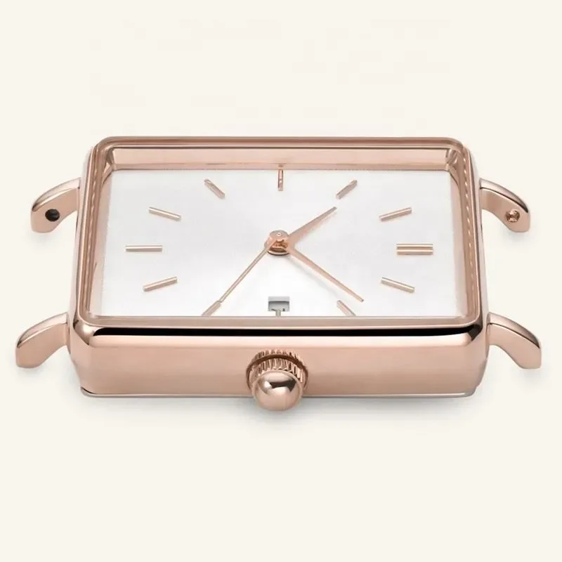 Rectangular rose gold watch case with white dial, minimalist hour markers, and crown. Close-up view of watch frame details.