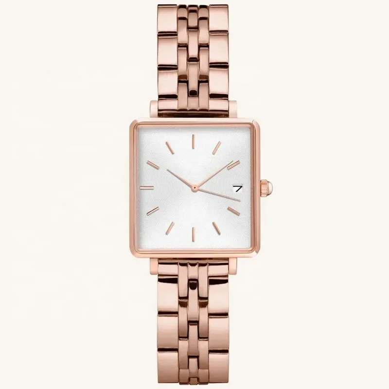 Rose gold square watch with a sleek metal strap, minimalist white dial, and date display, showcasing luxury and elegance.