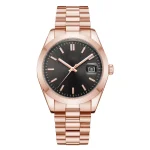 Elegant rose gold wristwatch featuring a sleek black dial with silver markers, date display, and a polished rose gold metal band.
