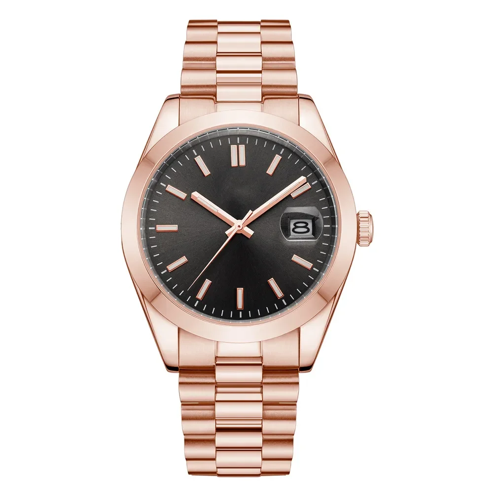 Elegant rose gold wristwatch featuring a sleek black dial with silver markers, date display, and a polished rose gold metal band.