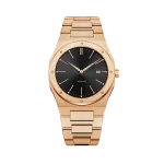 Rose gold wristwatch with a black dial, date display, and matching rose gold link bracelet, perfect for formal occasions.