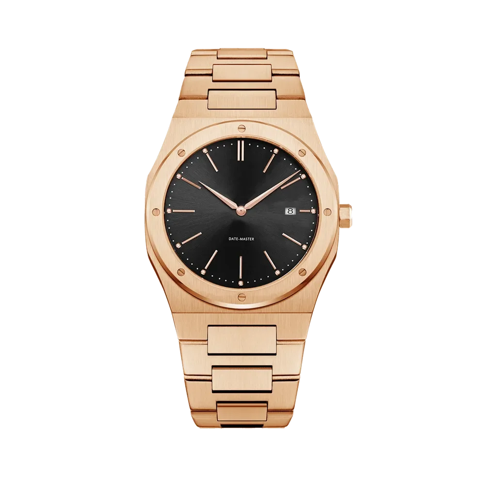 Rose gold wristwatch with a black dial, date display, and matching rose gold link bracelet, perfect for formal occasions.