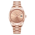 Elegant rose gold wristwatch with a date display window and a polished link bracelet.