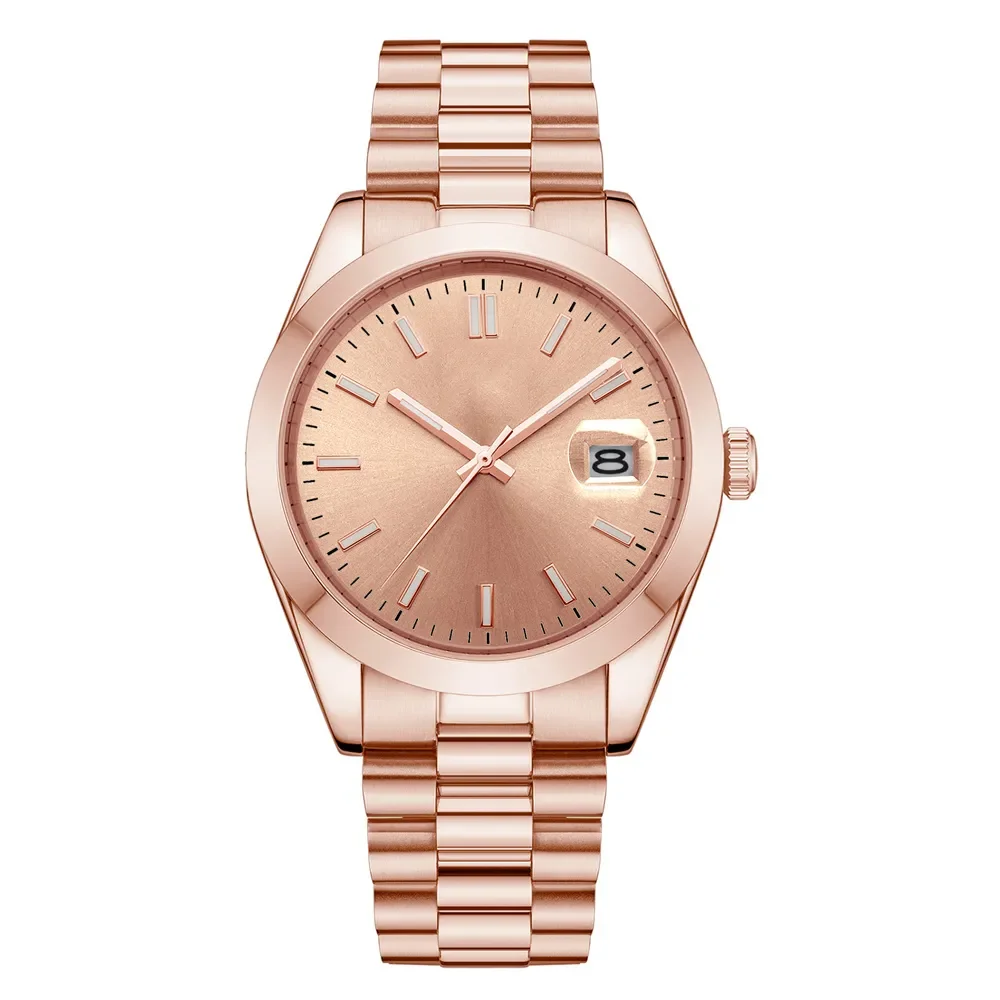 Elegant rose gold wristwatch with a date display window and a polished link bracelet.