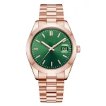 Elegant rose gold watch with a green dial, sleek metallic bracelet, and date display, showcasing modern design and luxury.