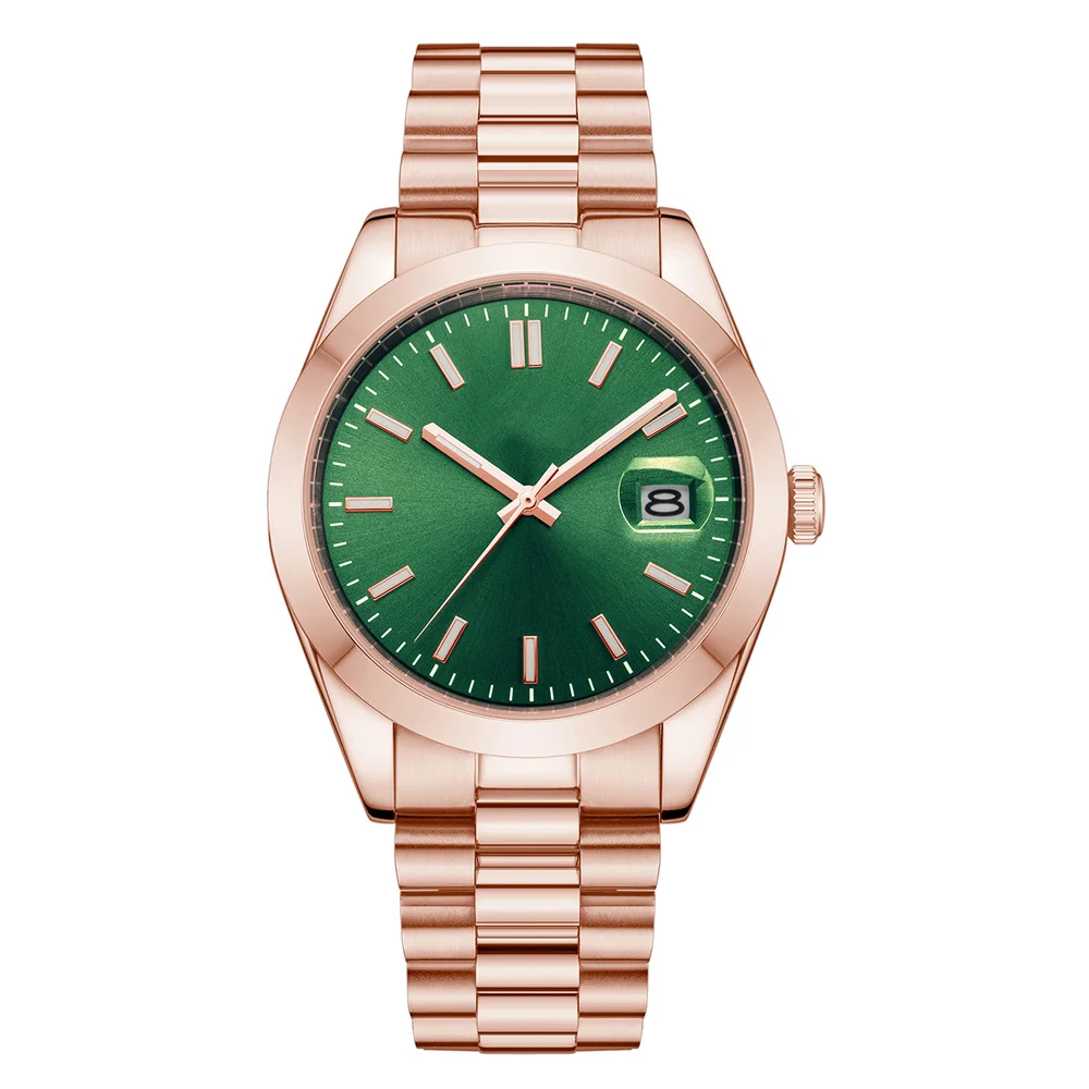 Elegant rose gold watch with a green dial, sleek metallic bracelet, and date display, showcasing modern design and luxury.